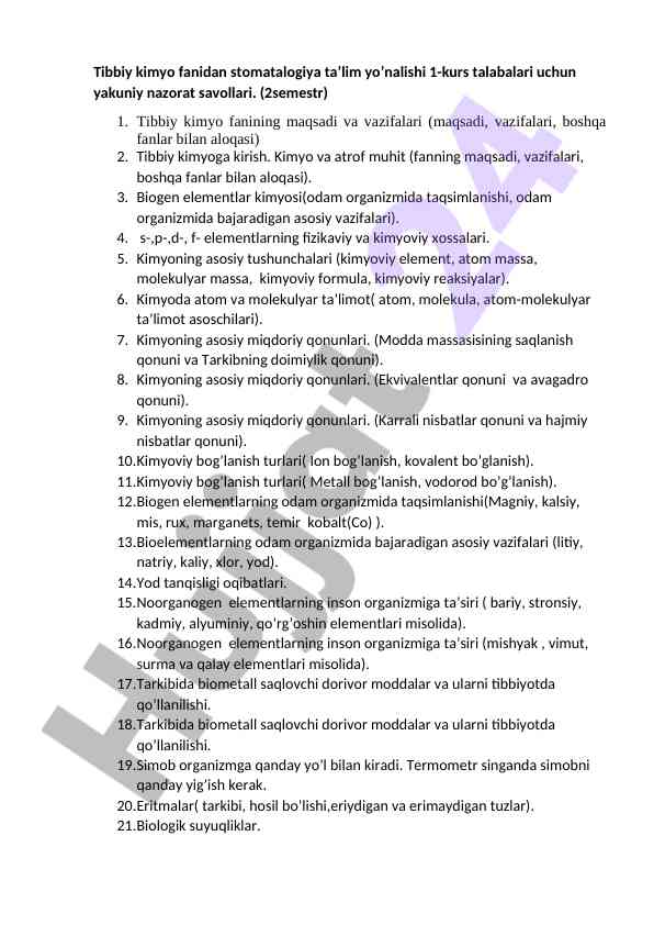 Tibbiy kimyo fanidan stomatologiya yakuniy savollar