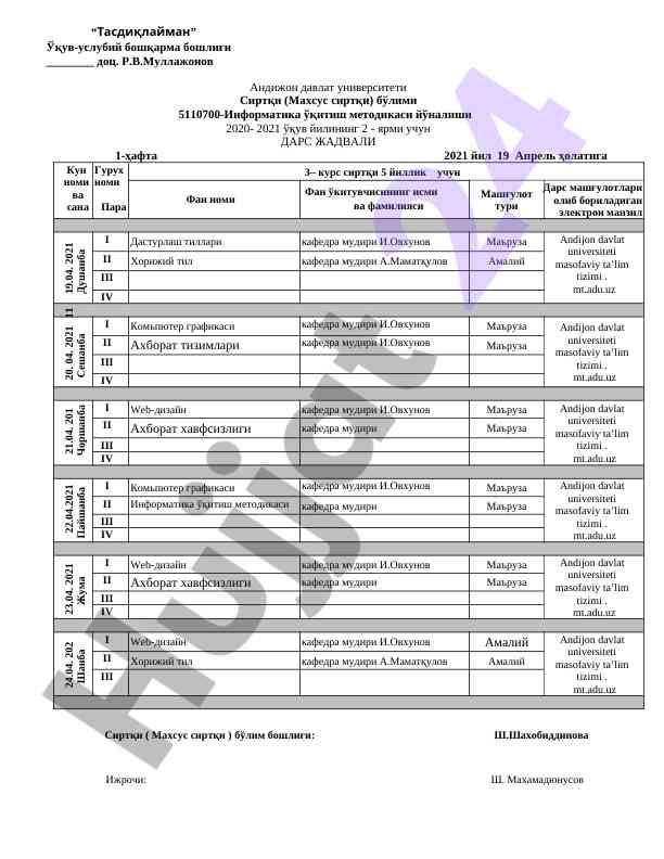 Informatika o‘qitish metodikasi dars jadvali