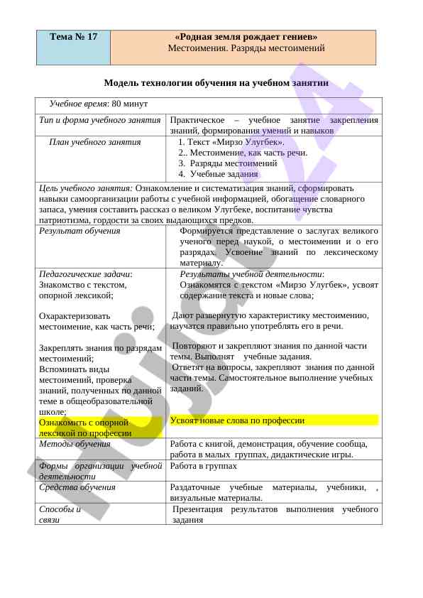 Технологическая карта учебного занятия по местояниям