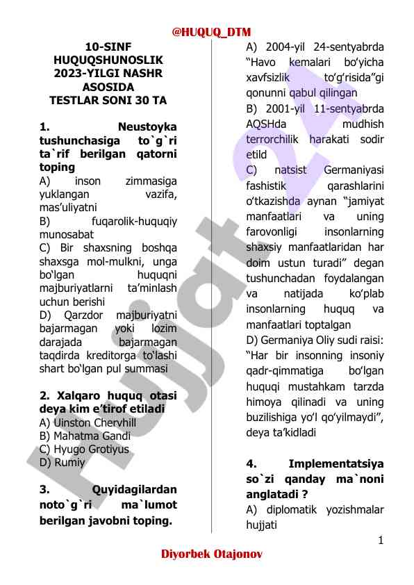 Huquqshunoslik 2023 yilgi testlar