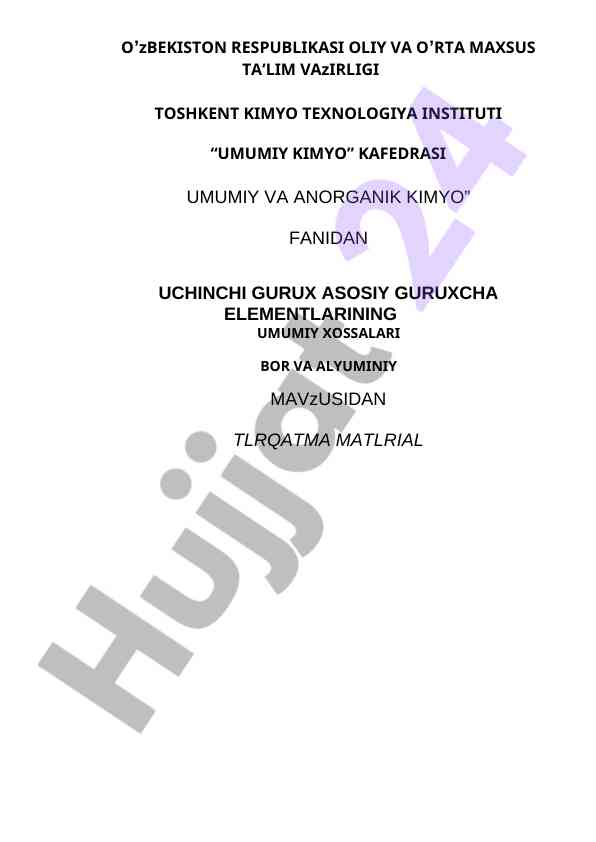 UMUMIY VA ANORGANIK KIMYO FANIDAN TA'LIM MATERIALI