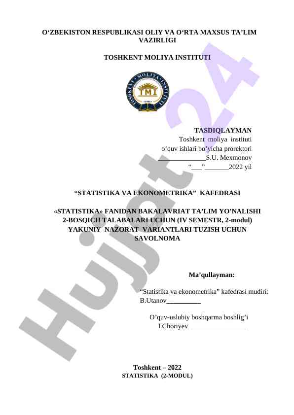 Statistika fanidan yakuniy nazorat variantlari