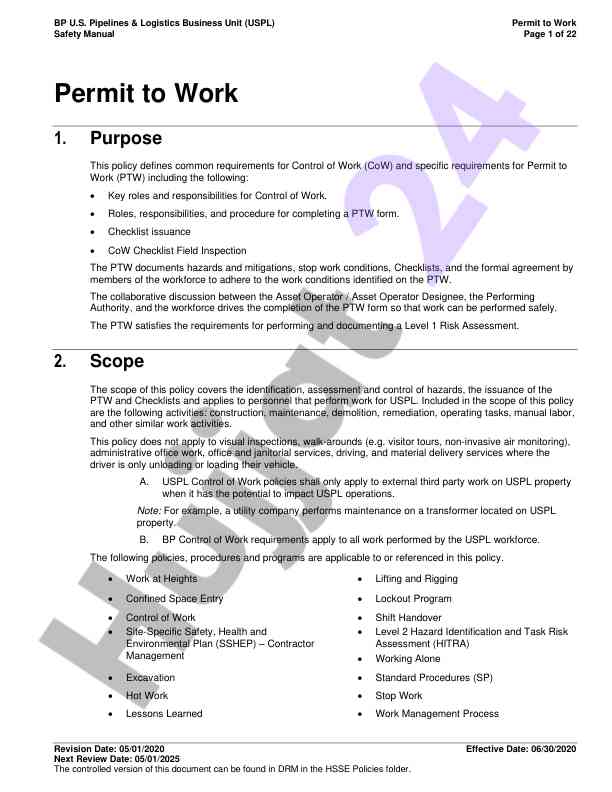 Permit to work safety manual overview