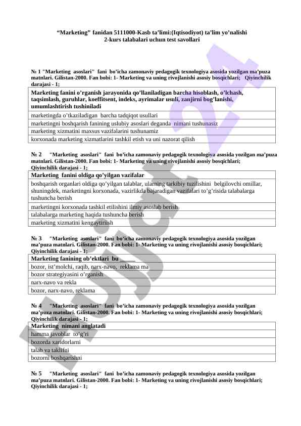Marketing fanidan 2-kurs talabalari uchun test savollari