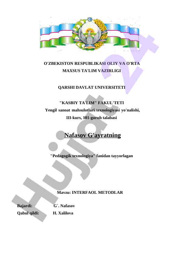 Interfaol metodlar bo'yicha kurs ishining analizi