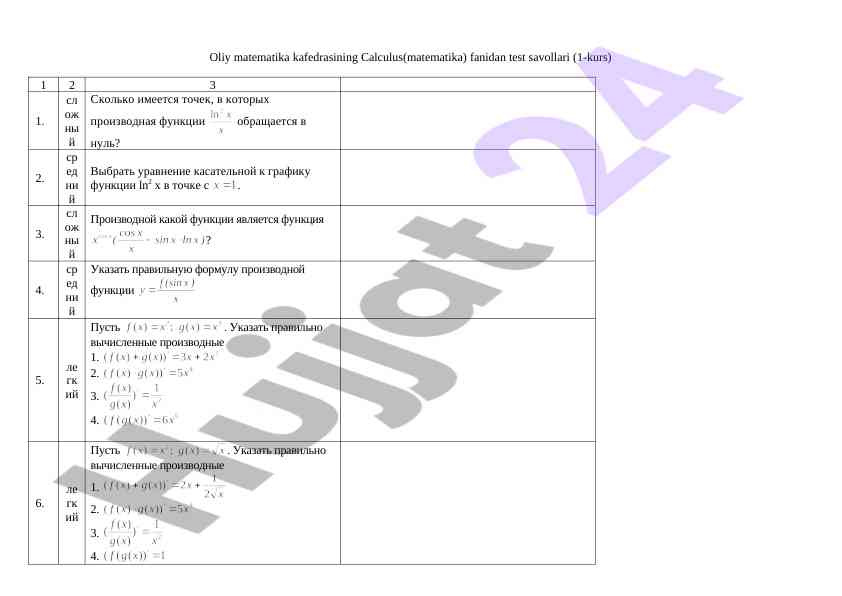 Oliy matematika kafedrasidan calculus test savollari