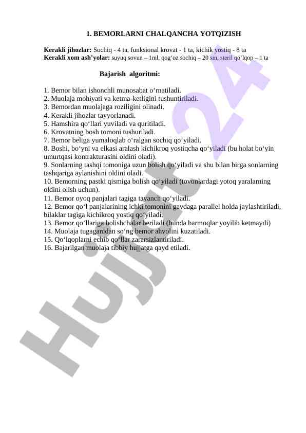 Bemorlarni chalqanchayu yotqizish usullari