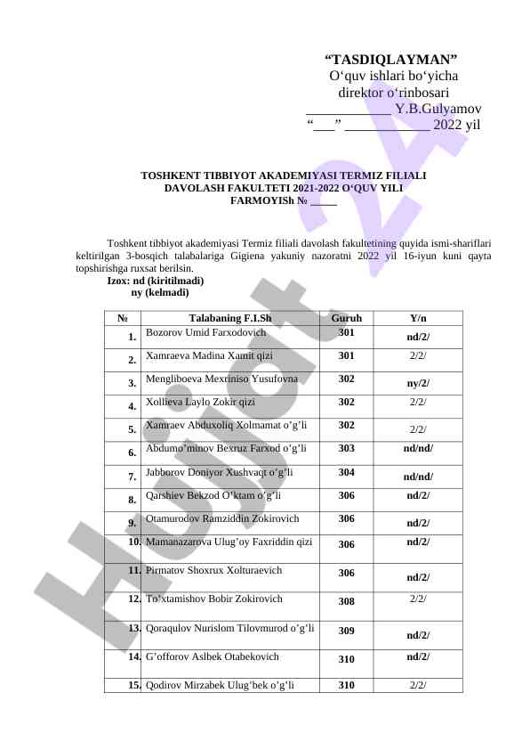 Tibbiyot akademiyasi talabalari uchun yakuniy nazorat