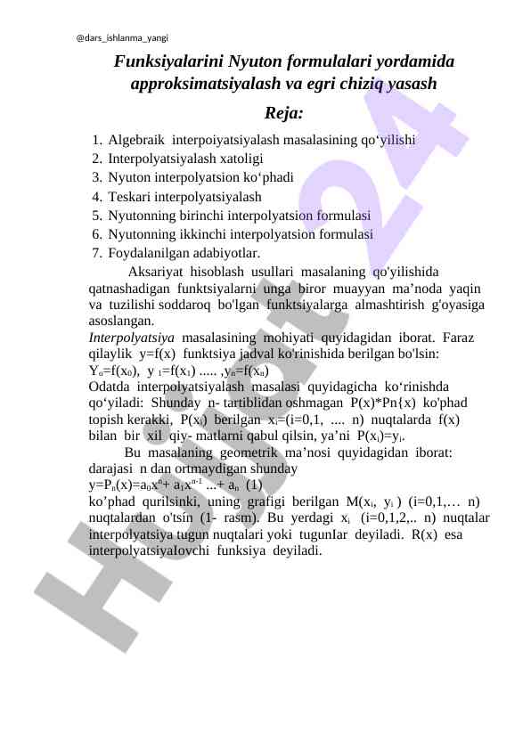 Nyuton formula yordamida funksiyalarni approksimatsiyalash