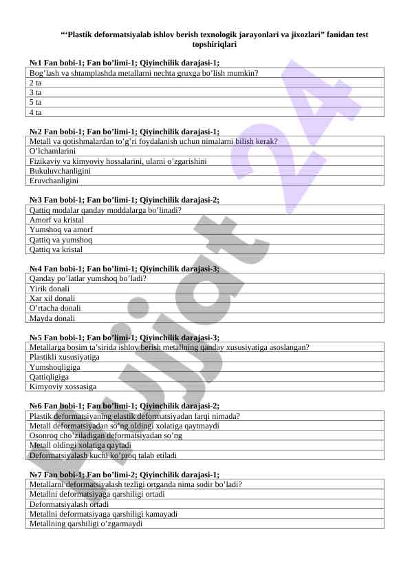 Plastik deformatsiya test topshiriqlari №1