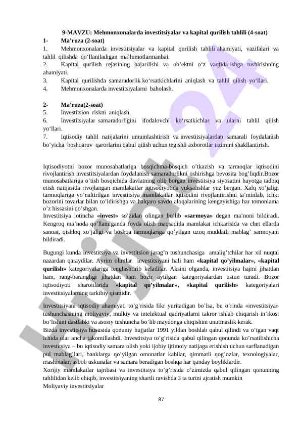 Mehmonxonalarda investitsiyalar tahlili ma’ruzasi