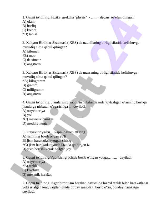 Fizika fanidan test savollari
