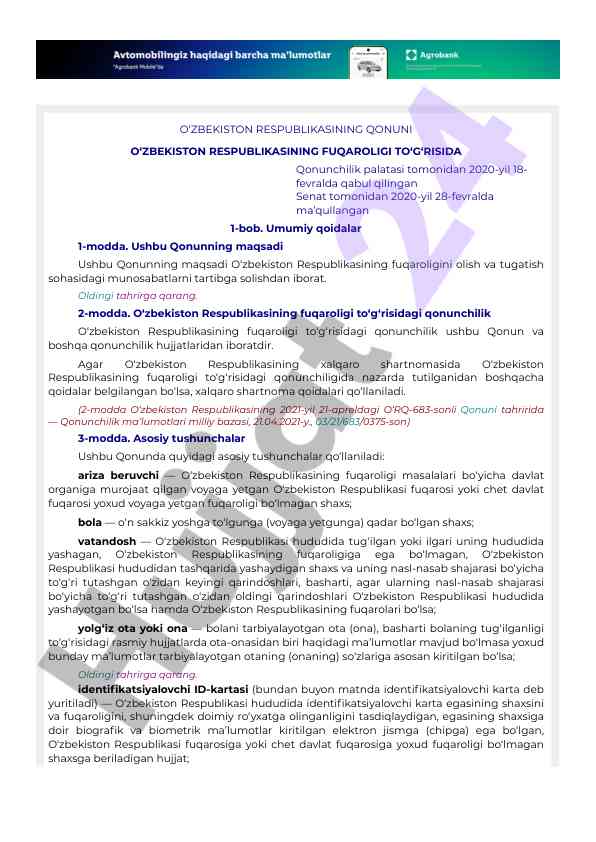 O‘zbekiston respublikasi fuqaroligi qonuni tafsilotlari