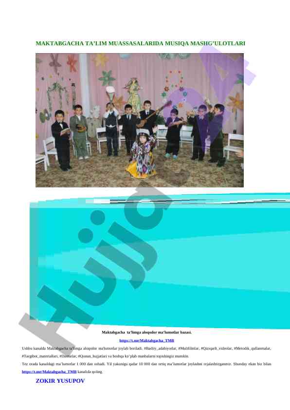 Maktabgacha ta’limda musiqa mashg’ulotlari qo‘llanmasi