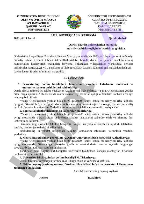 Ma'naviy-ma'rifiy tadbirlar oyligi o'tkazish tizimi