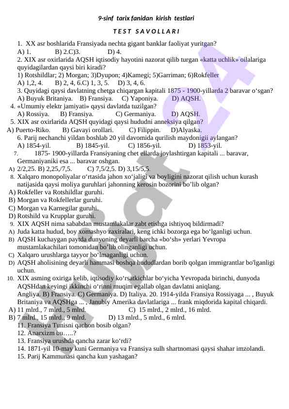 Tarix fanidan test savollari 9-sinf uchun