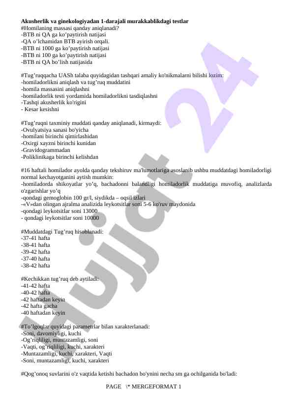Akusherlik va ginekologiya testlari bo'yicha ma'lumotlar