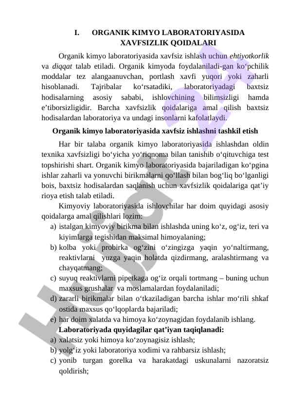 Organik Kimyo Laboratoriyasida Xavfsizlik Qoidalari