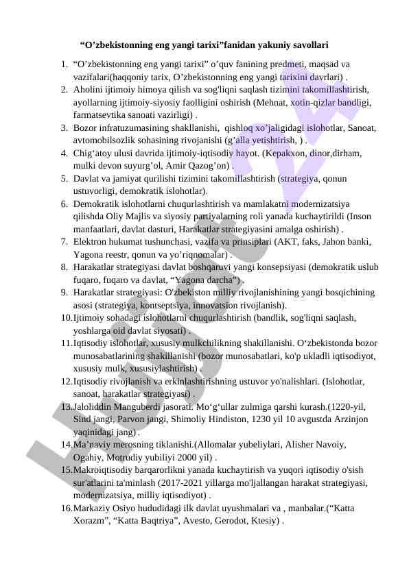 O’zbekistonning eng yangi tarixi haqida ma'lumotlar