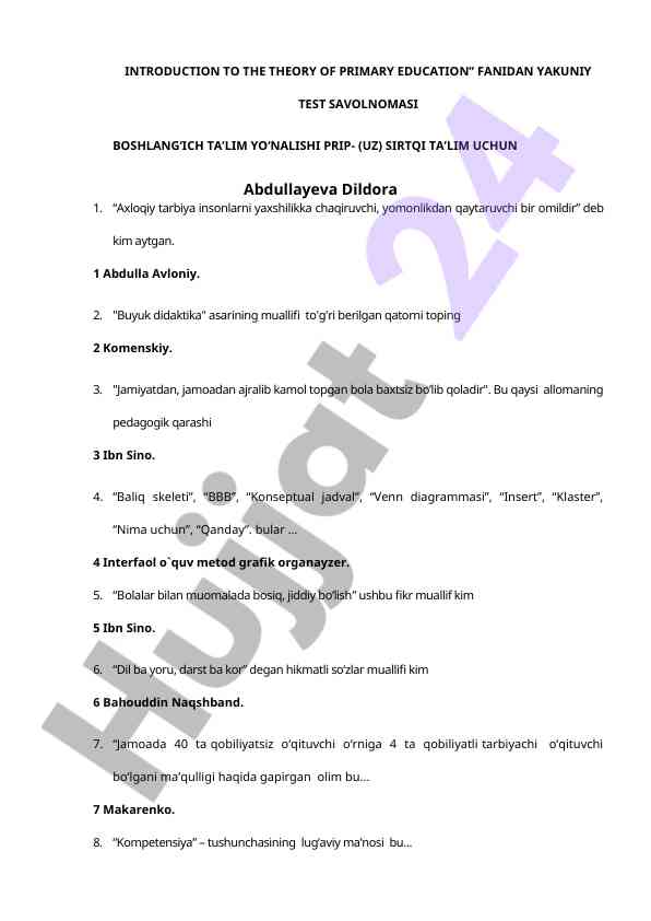 Primary education test questions overview