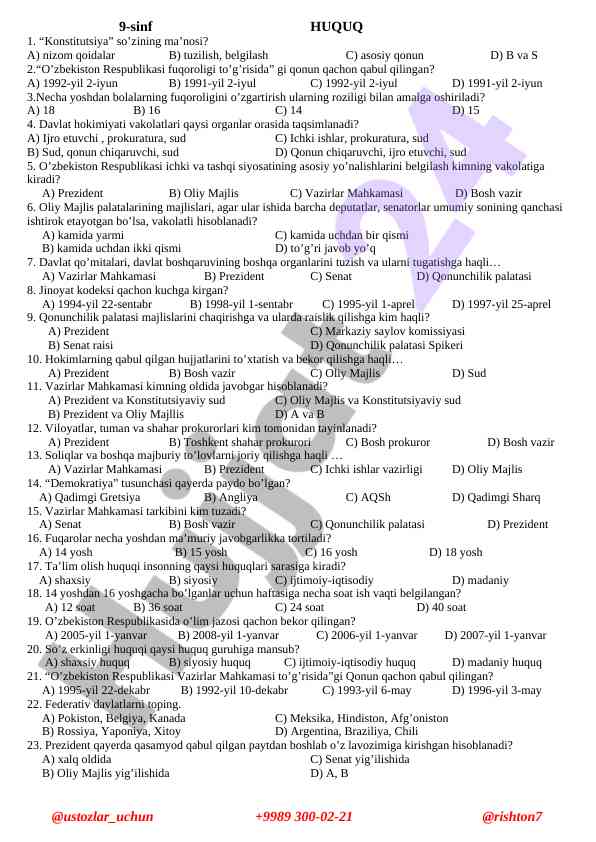 9-sinf huquq test savollari bilan