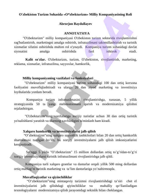 O'zbekiston turizm sohasida o'zbekturizm roli