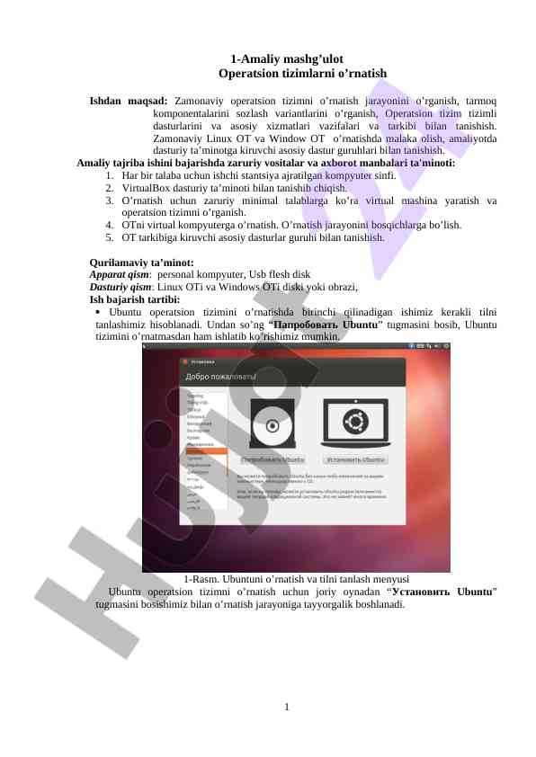 Operatsion tizimlarni o'rnatish amaliy mashg'uloti