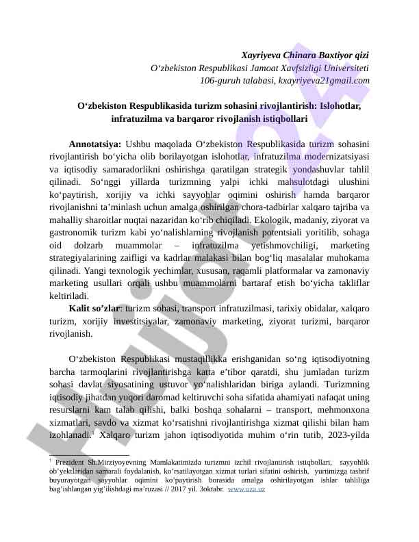 O‘zbekistonda turizmni rivojlantirish strategiyalari