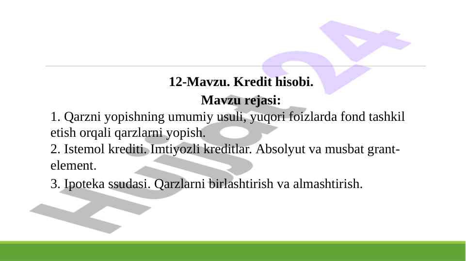 Kredit hisobi mavzusi va rejasi