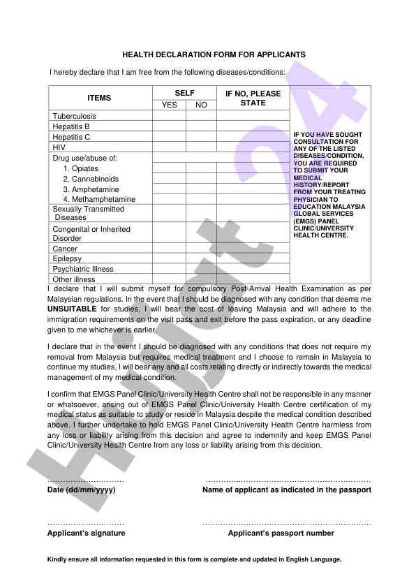 Health declaration form for applicants in malaysia