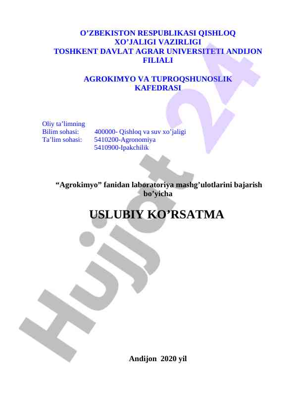 Agrokimyo fanidan laboratoriya mashg‘ulotlari uslubiy ko’rsatma