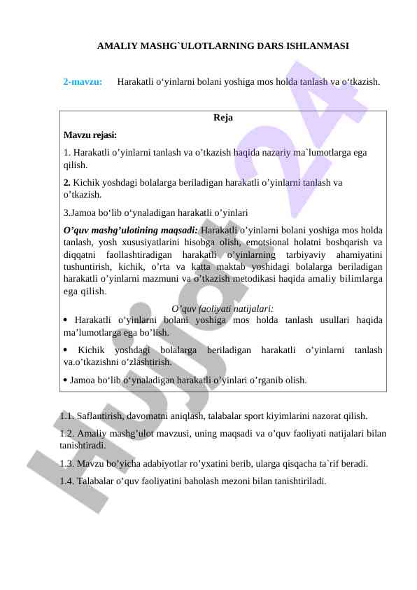 Amaliy mashg'ulotlar dars ishlanmasi va mavzular