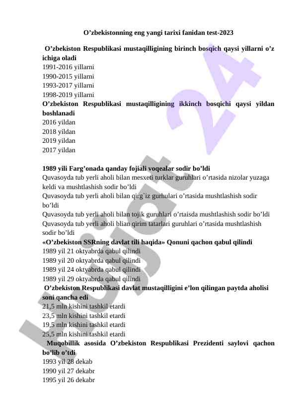 O'zbekiston tarixi fanidan test 2023