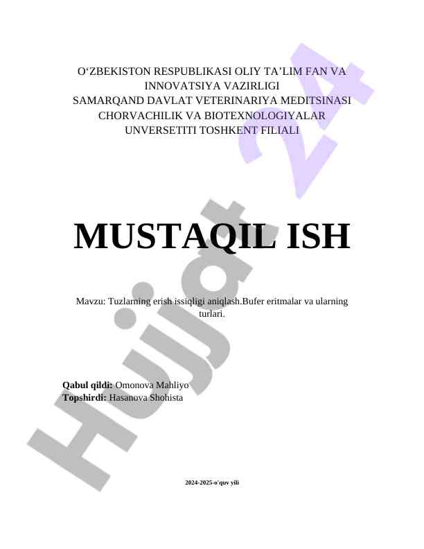 Tuzlarning Erish Issiqligi Aniqlash Va Bufer Eritmalar