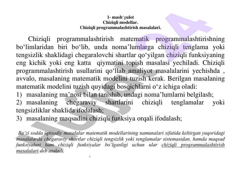 Chiziqli programmalar mustaqil ishlar bo'yicha