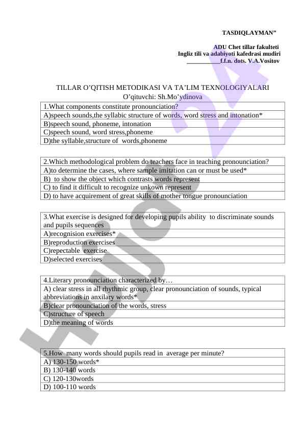 Tillar o‘qitish metodikasi savollar va javoblar