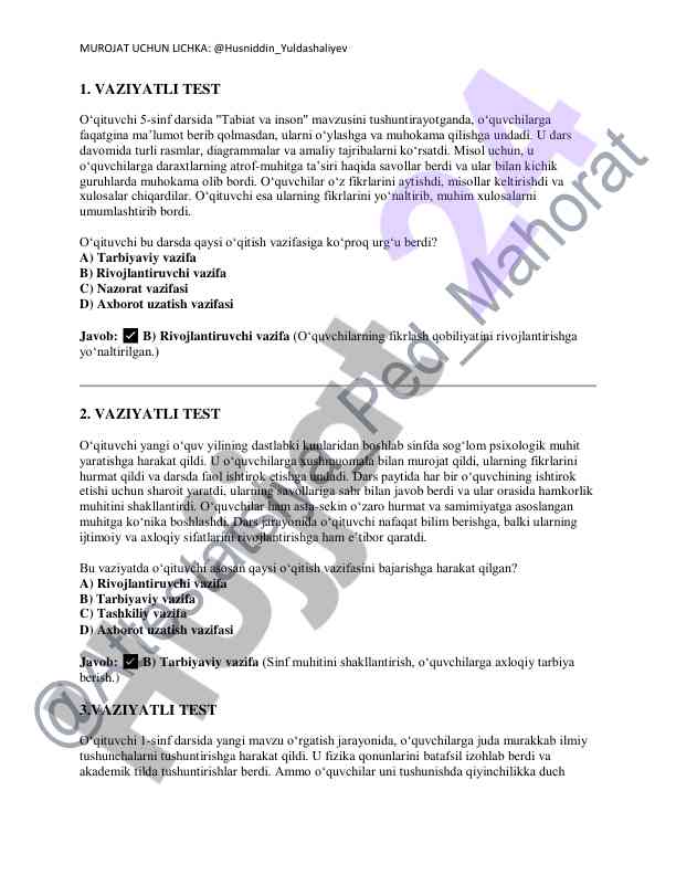 Sinflarda sog‘lom psixologik muhit yaratish testi