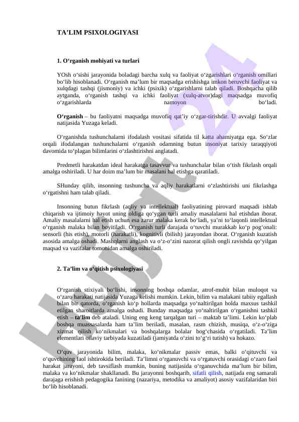 Ta'lim psixologiyasi o'rganish jarayoni