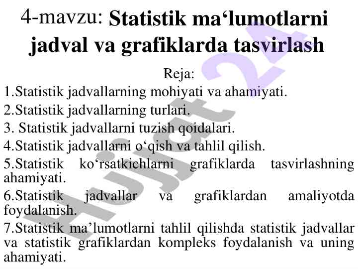 Statistik jadval va grafiklarda ma'lumotlarni tasvirlash
