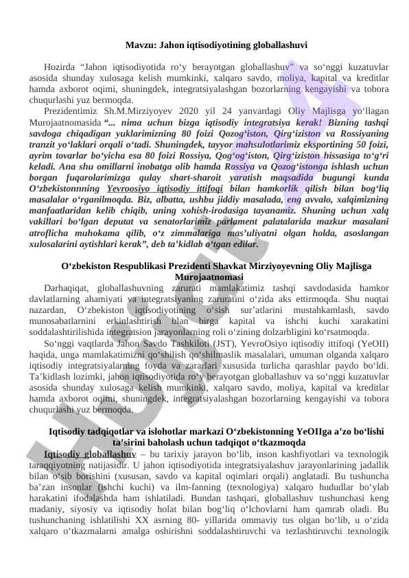 Jahon iqtisodiyotining globallashuvi va integratsiya