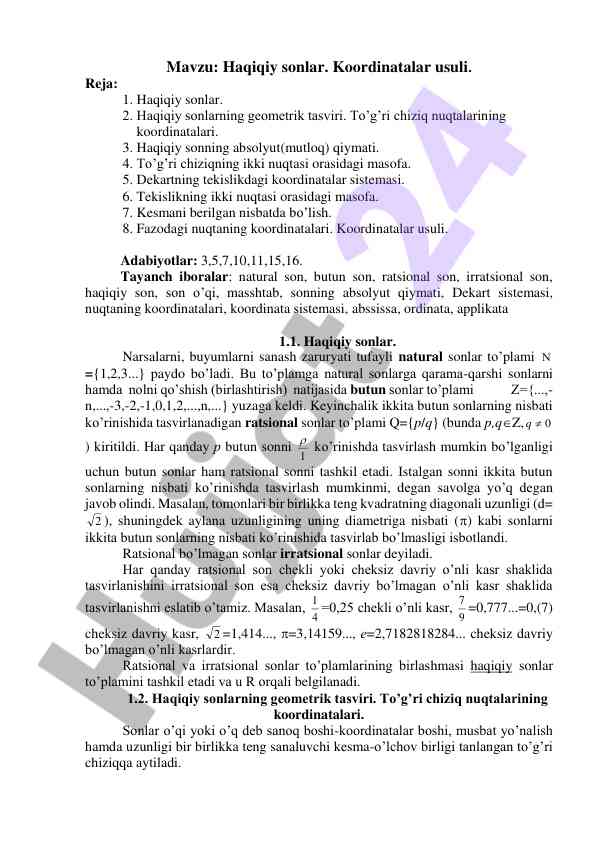 Haqiqiy sonlar va koordinatalar usuli