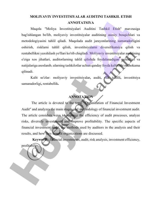 Moliya investitsiyalari auditini tashkil etish