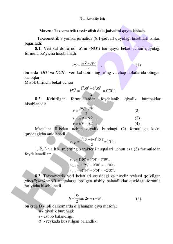 Taxeometrik tasvir olish dala jadvalini qayta ishlash