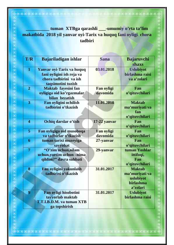 Tarix va huquq fani oyligi tadbir rejasi