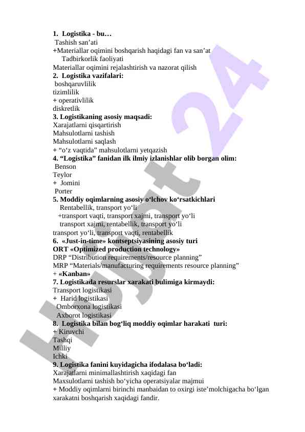 Logistika va materiallar oqimini boshqarish asoslari