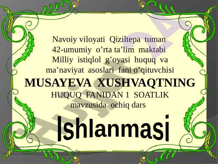 Ochiq dars ishlanmasi: huquq fani bo‘yicha