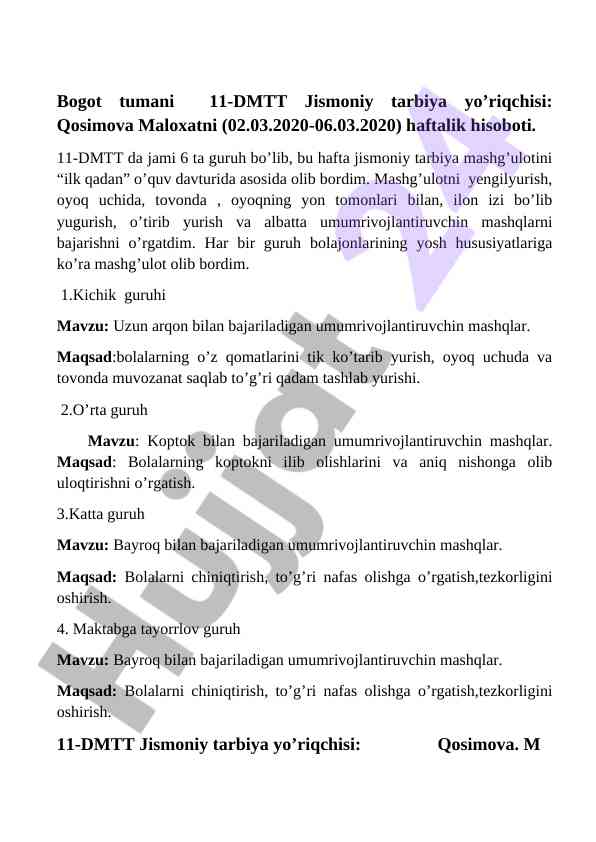 Jismoniy tarbiya mashg’ulotlari haftalik hisoboti