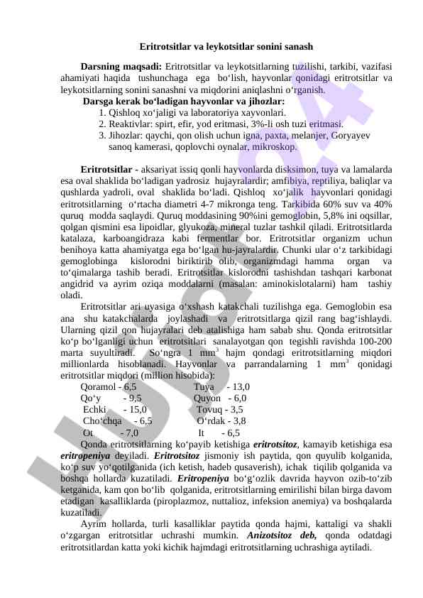 Eritrotsitlar va leykotsitlar sonini sanash dars