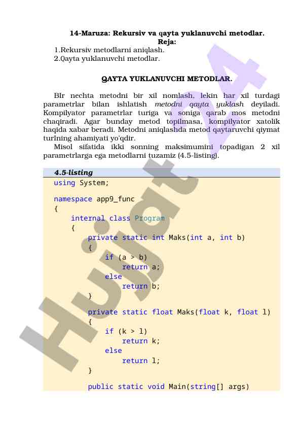 Rekursiv va qayta yuklanuvchi metodlar