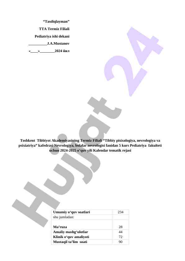 Nevrologiya fani uchun kalendar tematik rejasi